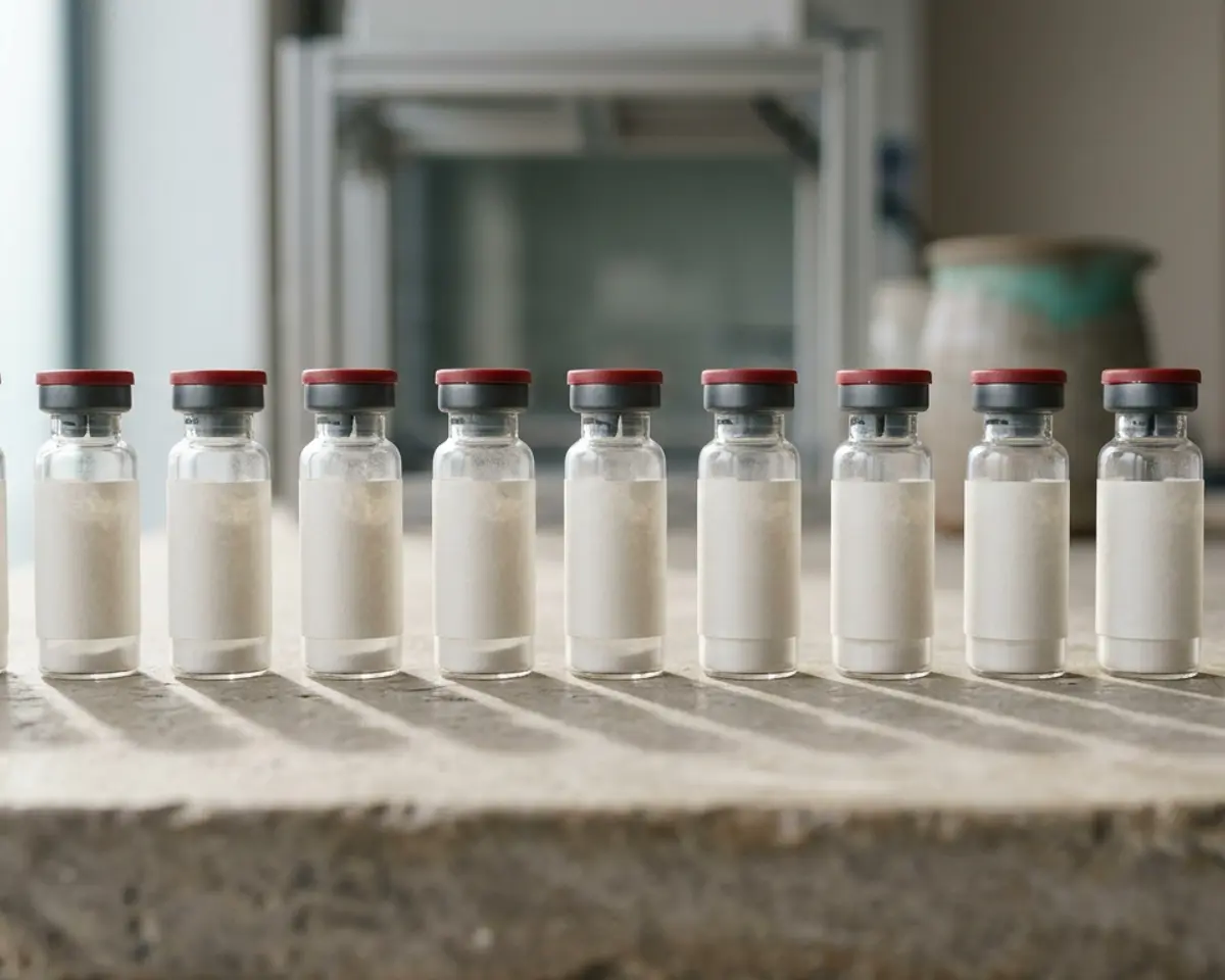 A row of sealed glass vials on a stone surface