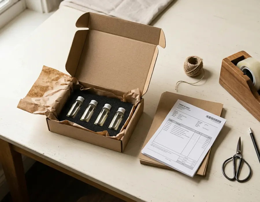 A packing desk with a kraft mailer and packing slip